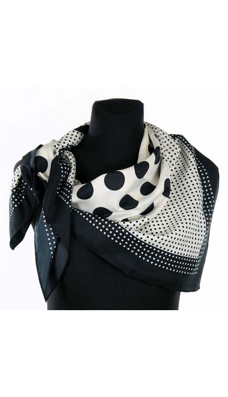 SATYNOWA APASZKA NA KREMOWYM TLE CZARNE GROCHY KROPKI 90 x 90 cm