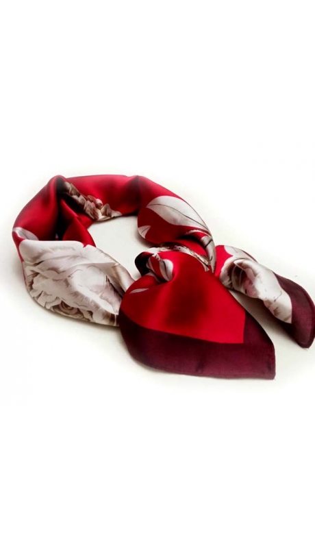 APASZKA JEDWABNA Z KWIATEM KOLOR WINA BURGUND 70/70 cm