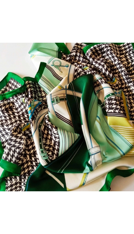 APASZKA JAK Z JEDWABIU MIX WZORÓW WODCIENIACH ZIELENI 70/70 cm