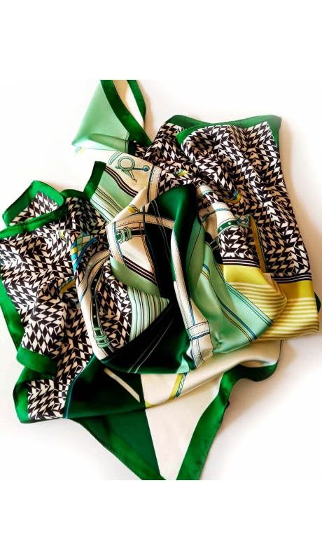 APASZKA JAK Z JEDWABIU MIX WZORÓW WODCIENIACH ZIELENI 70/70 cm