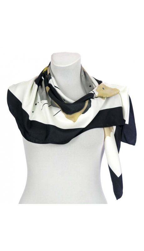 SATYNOWA APASZKA KREMOWO CZARNA Z AKCENTEM KONTRASTOWYM 90/90 cm