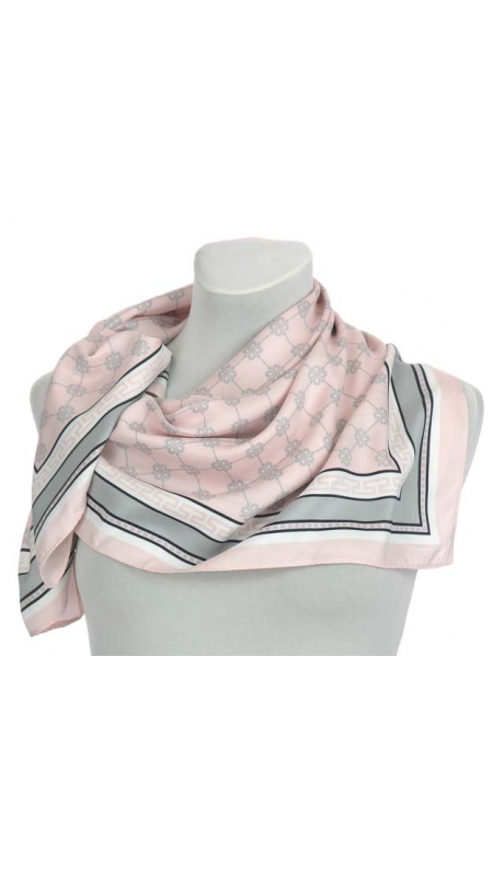 JEDWABNA APASZKA PUDROWY RÓŻ Z POPIELEM DROBNY WZÓR 90/90 cm