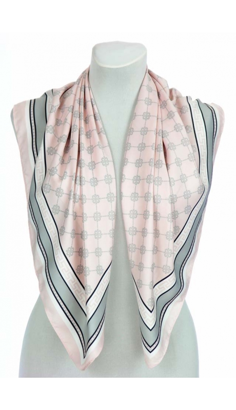 JEDWABNA APASZKA PUDROWY RÓŻ Z POPIELEM DROBNY WZÓR 90/90 cm