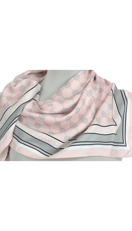 JEDWABNA APASZKA PUDROWY RÓŻ Z POPIELEM DROBNY WZÓR 90/90 cm