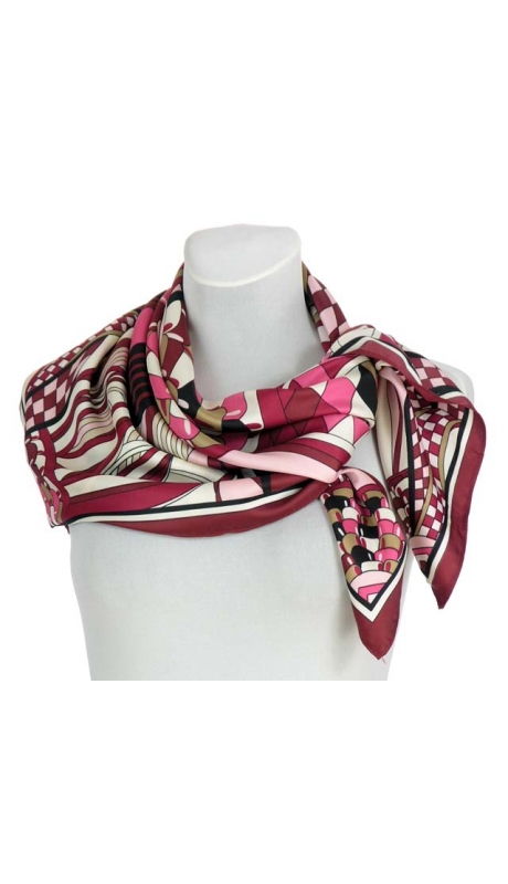 GLAMOUR JEDWABNA APASZKA ABSTRAKCJA BURGUND MAGENTA ECRU 90/90 cm