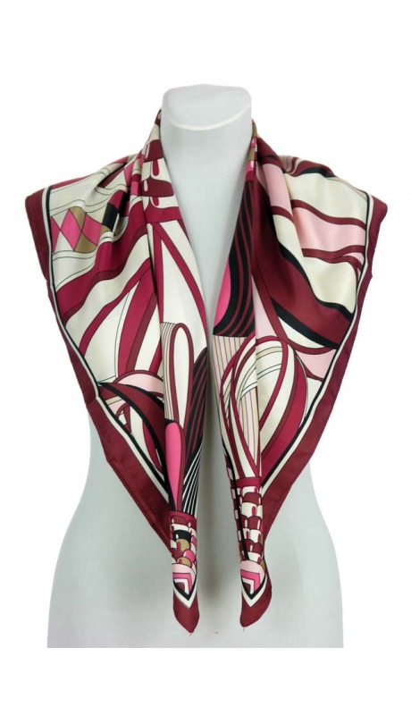 GLAMOUR JEDWABNA APASZKA ABSTRAKCJA BURGUND MAGENTA ECRU 90/90 cm