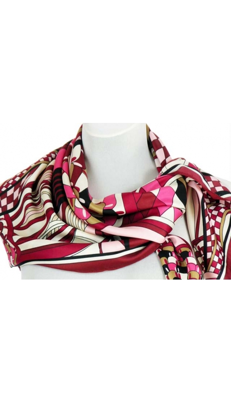 GLAMOUR JEDWABNA APASZKA ABSTRAKCJA BURGUND MAGENTA ECRU 90/90 cm