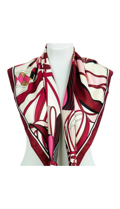 GLAMOUR JEDWABNA APASZKA ABSTRAKCJA BURGUND MAGENTA ECRU 90/90 cm