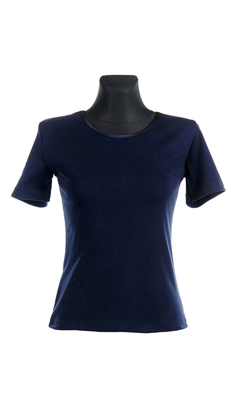 BLUZKA TOP - TRYKOT JERSEY Z BAWEŁNY, KOLOR GRANATOWY, KRÓTKI RĘKAW, WĄSKA PLISA