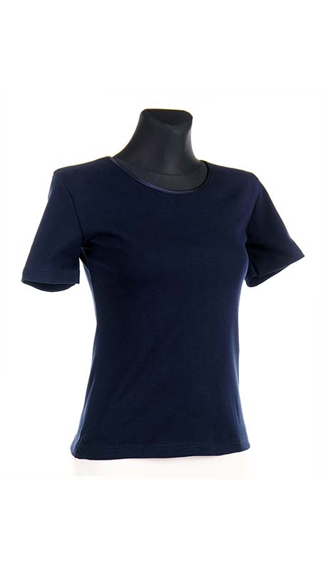 BLUZKA TOP - TRYKOT JERSEY Z BAWEŁNY, KOLOR GRANATOWY, KRÓTKI RĘKAW, WĄSKA PLISA