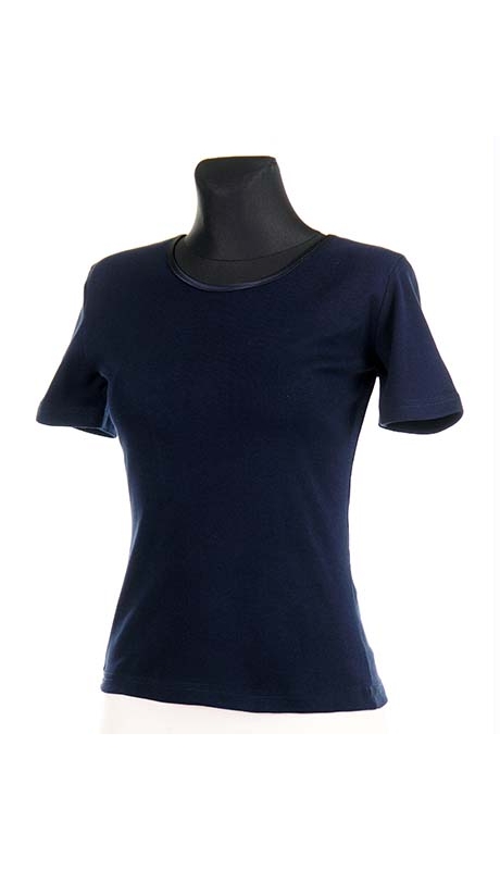 BLUZKA TOP - TRYKOT JERSEY Z BAWEŁNY, KOLOR GRANATOWY, KRÓTKI RĘKAW, WĄSKA PLISA