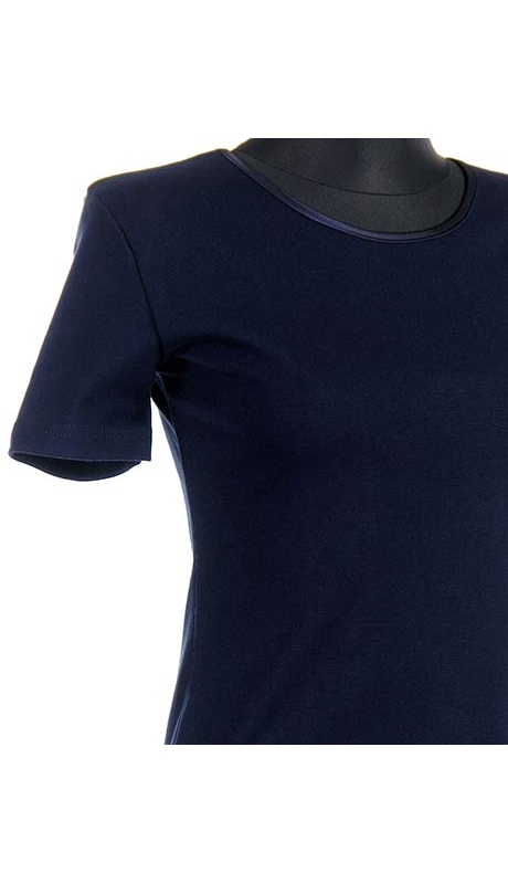 BLUZKA TOP - TRYKOT JERSEY Z BAWEŁNY, KOLOR GRANATOWY, KRÓTKI RĘKAW, WĄSKA PLISA