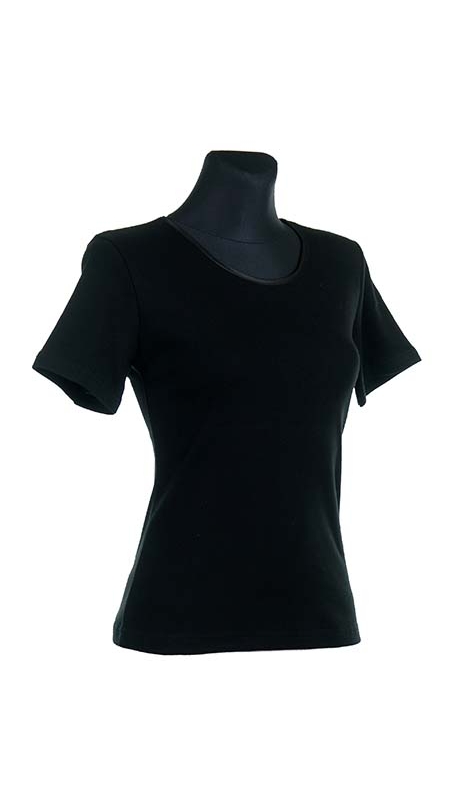 BLUZKA TOP - TRYKOT JERSEY Z BAWEŁNY, CZARNA, KRÓTKI RĘKAW, WĄSKA PLISA