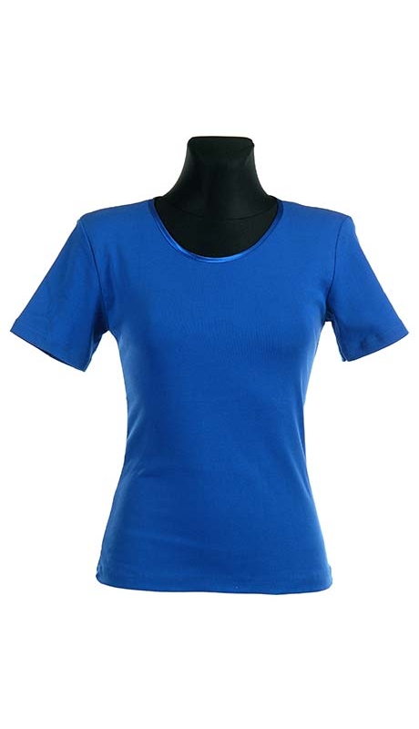 BLUZKA TOP - TRYKOT JERSEY Z BAWEŁNY, CHABROWY KOLOR, KRÓTKI RĘKAW, WĄSKA PLISA