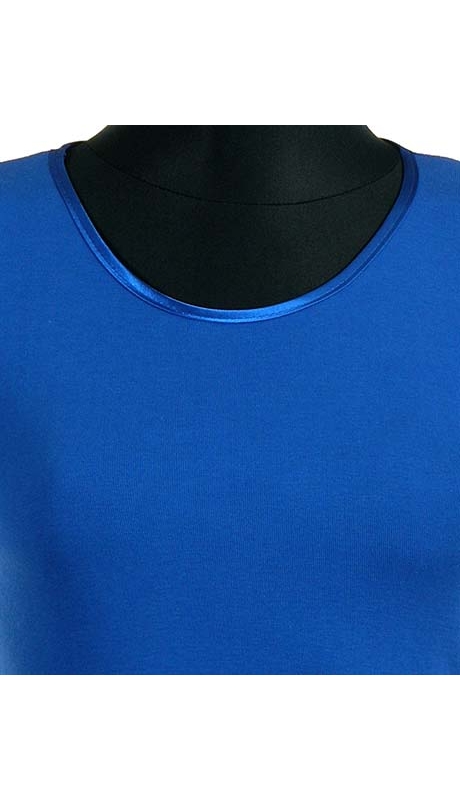 BLUZKA TOP - TRYKOT JERSEY Z BAWEŁNY, CHABROWY KOLOR, KRÓTKI RĘKAW, WĄSKA PLISA