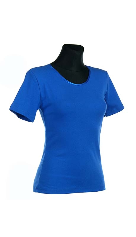 BLUZKA TOP - TRYKOT JERSEY Z BAWEŁNY, CHABROWY KOLOR, KRÓTKI RĘKAW, WĄSKA PLISA