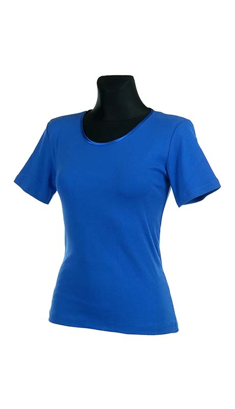 BLUZKA TOP - TRYKOT JERSEY Z BAWEŁNY, CHABROWY KOLOR, KRÓTKI RĘKAW, WĄSKA PLISA