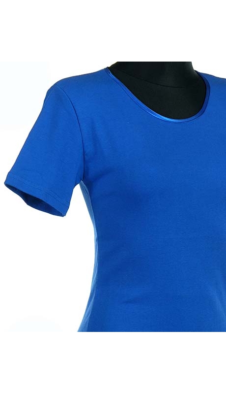 BLUZKA TOP - TRYKOT JERSEY Z BAWEŁNY, CHABROWY KOLOR, KRÓTKI RĘKAW, WĄSKA PLISA