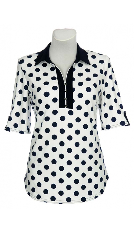 SPORTOWA BLUZKA WISKOZA BIAŁA GRANATOWE GROCHY KRÓTKI RĘKAW