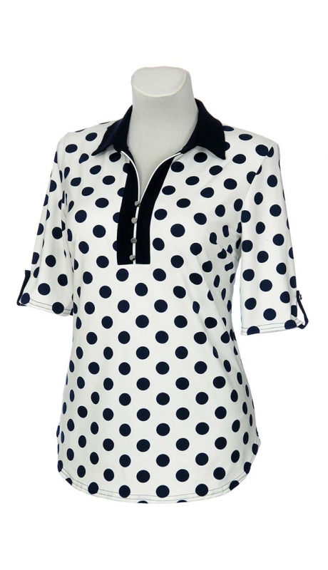 SPORTOWA BLUZKA WISKOZA BIAŁA GRANATOWE GROCHY KRÓTKI RĘKAW