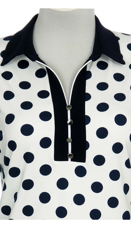 SPORTOWA BLUZKA WISKOZA BIAŁA GRANATOWE GROCHY KRÓTKI RĘKAW