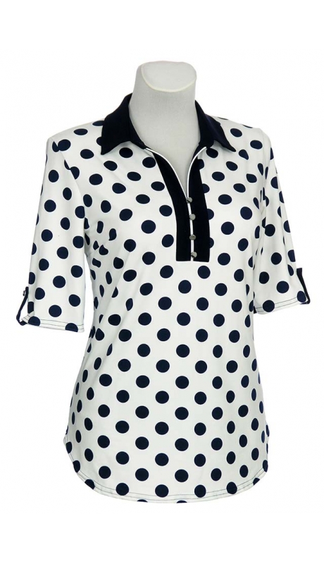 SPORTOWA BLUZKA WISKOZA BIAŁA GRANATOWE GROCHY KRÓTKI RĘKAW