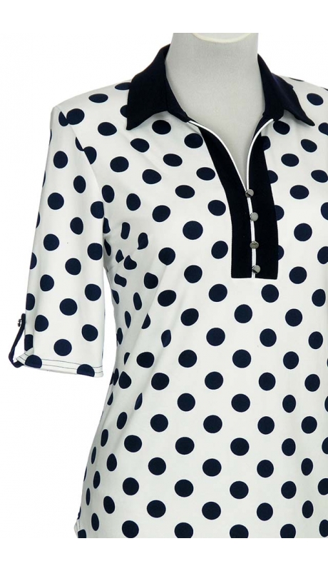 SPORTOWA BLUZKA WISKOZA BIAŁA GRANATOWE GROCHY KRÓTKI RĘKAW