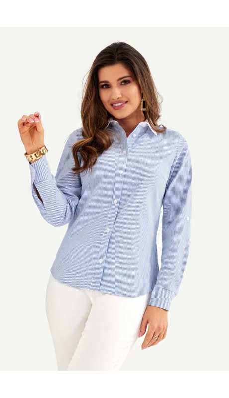 BLUZKA KOSZULOWA BAWEŁNA BLUE PRĄŻEK BIAŁY KOŁNIERZYK