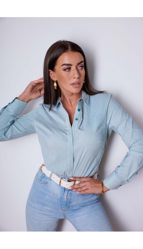BLUZKA KOSZULOWA KRYTE ZAPIĘCIE NIEBIESKI PRĄŻEK