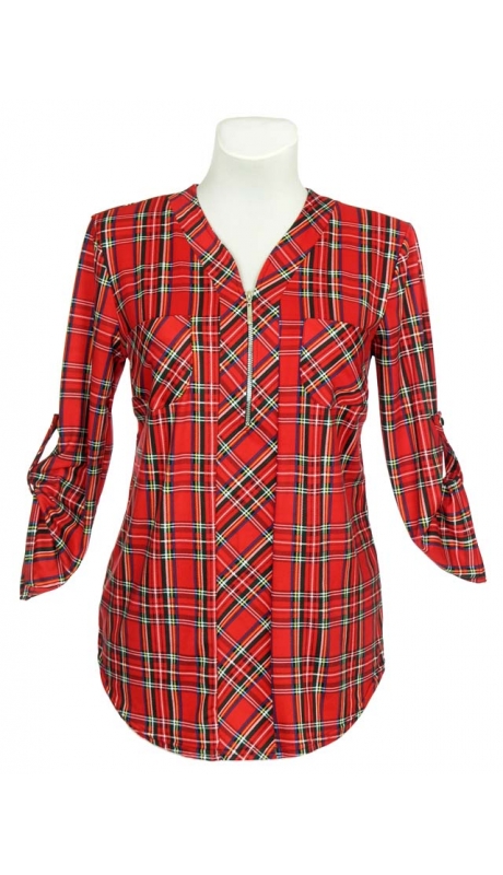 SPORTOWA BLUZKA Z TKANINY WISKOZOWEJ CZERWONA KRATKA