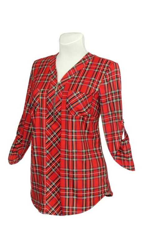 SPORTOWA BLUZKA Z TKANINY WISKOZOWEJ CZERWONA KRATKA