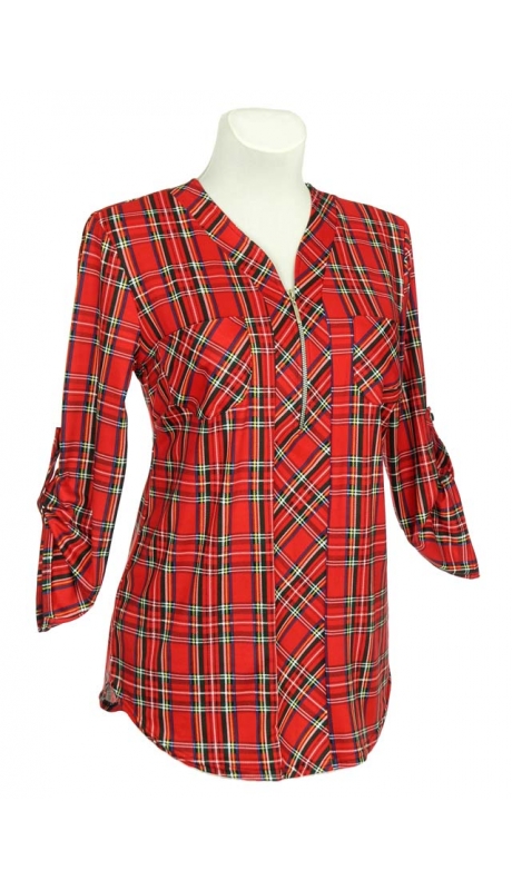 SPORTOWA BLUZKA Z TKANINY WISKOZOWEJ CZERWONA KRATKA