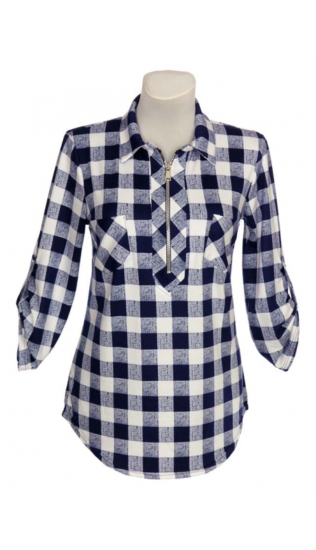 SPORTOWA BLUZKA TKANINA WISKOZOWA KRATKA GRANAT Z BIAŁYM