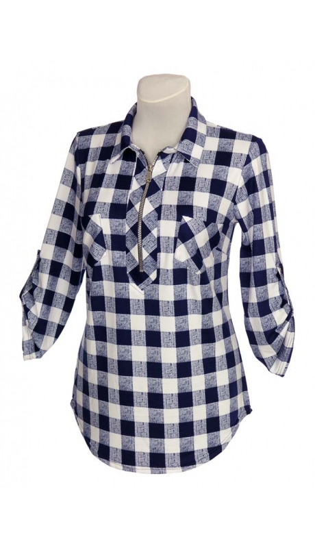 SPORTOWA BLUZKA TKANINA WISKOZOWA KRATKA GRANAT Z BIAŁYM