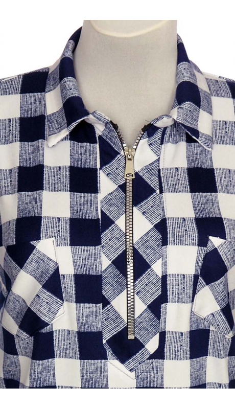 SPORTOWA BLUZKA TKANINA WISKOZOWA KRATKA GRANAT Z BIAŁYM