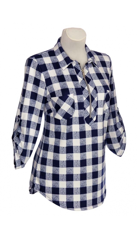 SPORTOWA BLUZKA TKANINA WISKOZOWA KRATKA GRANAT Z BIAŁYM