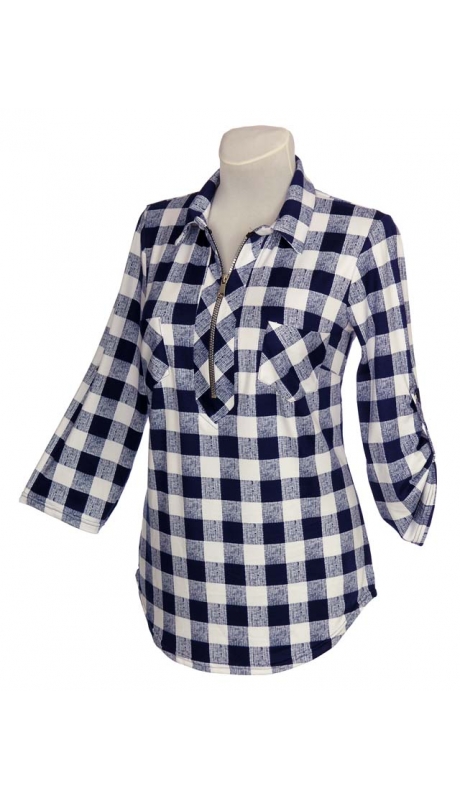 SPORTOWA BLUZKA TKANINA WISKOZOWA KRATKA GRANAT Z BIAŁYM