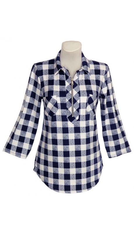 SPORTOWA BLUZKA TKANINA WISKOZOWA KRATKA GRANAT Z BIAŁYM