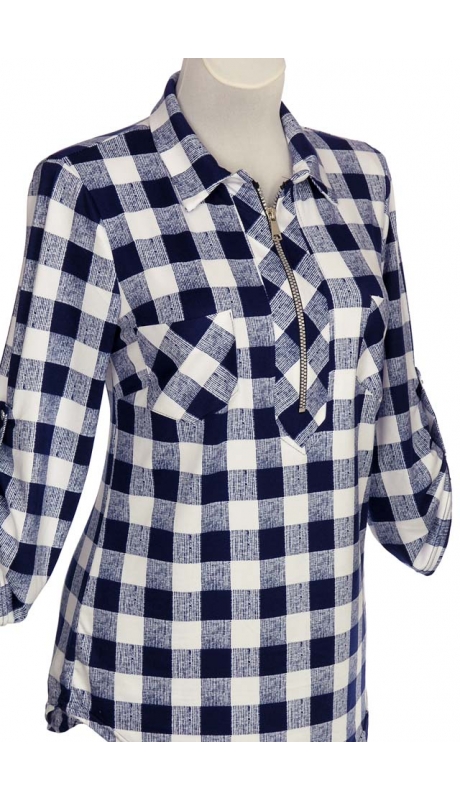 SPORTOWA BLUZKA TKANINA WISKOZOWA KRATKA GRANAT Z BIAŁYM