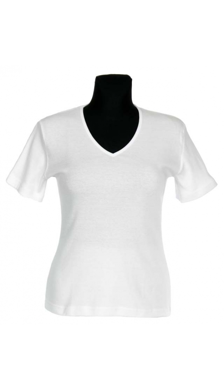 BLUZKA TOP - TRYKOT JERSEY Z BAWEŁNY, KRÓTKI RĘKAW, DEKOLT TYPU "V" - BIAŁA