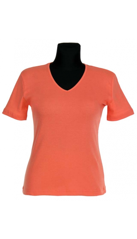 BLUZKA TOP - TRYKOT JERSEY Z BAWEŁNY, KRÓTKI RĘKAW, DEKOLT TYPU "V" - POMARAŃCZOWA