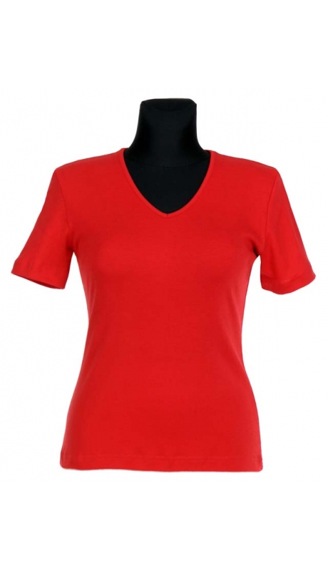 BLUZKA TOP - TRYKOT JERSEY Z BAWEŁNY, KRÓTKI RĘKAW, DEKOLT TYPU "V" - CZERWONA