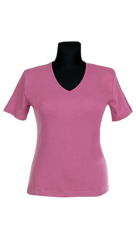 BLUZKA TOP - TRYKOT JERSEY Z BAWEŁNY, KRÓTKI RĘKAW, DEKOLT TYPU "V" - BRUDNY RÓŻ, MALWA