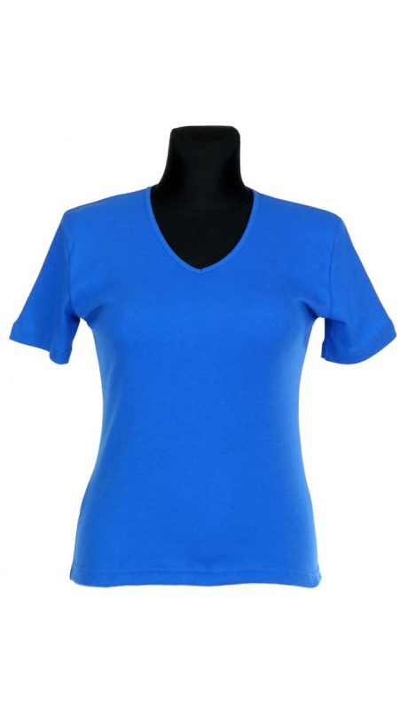 BLUZKA TOP - TRYKOT JERSEY Z BAWEŁNY, KRÓTKI RĘKAW, DEKOLT TYPU "V" - CHABROWA