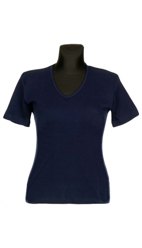 BLUZKA TOP - TRYKOT JERSEY Z BAWEŁNY, KRÓTKI RĘKAW, DEKOLT TYPU "V" - GRANATOWA