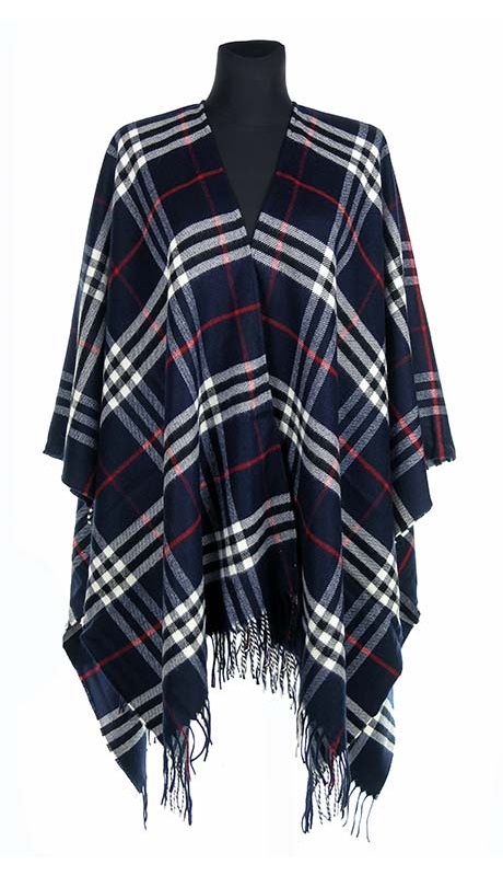 GRANATOWE PONCZO W ANGIELSKA KRATA TARTAN 40 % WEŁNY 42 - 56