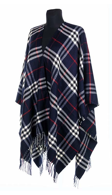 GRANATOWE PONCZO W ANGIELSKA KRATA TARTAN 40 % WEŁNY 42 - 56