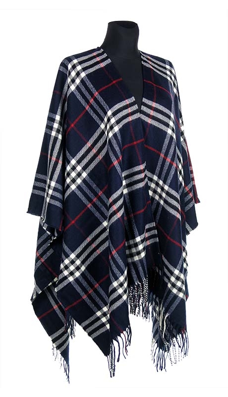 GRANATOWE PONCZO W ANGIELSKA KRATA TARTAN 40 % WEŁNY 42 - 56