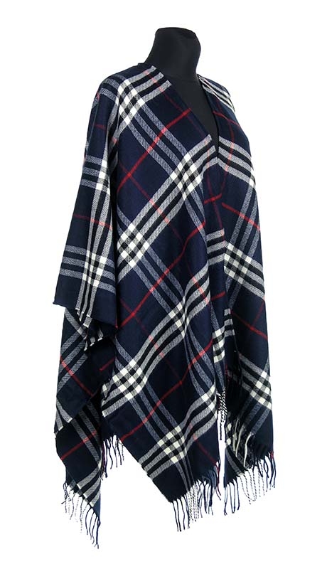 GRANATOWE PONCZO W ANGIELSKA KRATA TARTAN 40 % WEŁNY 42 - 56
