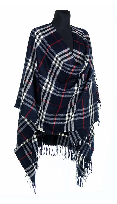 GRANATOWE PONCZO W ANGIELSKA KRATA TARTAN 40 % WEŁNY 42 - 56